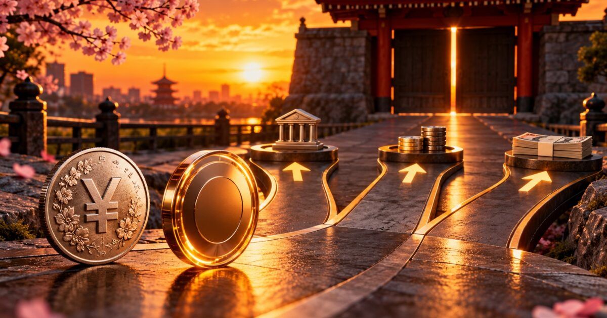 Japanese yen coin and digital token facing three conversion and redemption paths