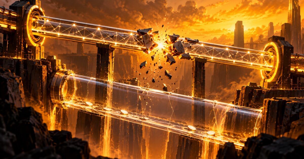 Abstract fractured cross-chain bridge illustrating the Initia MoveVM exploit