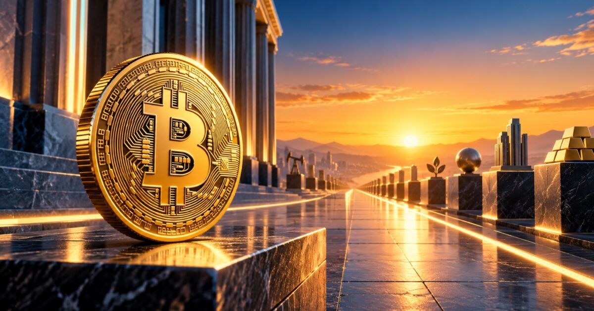 Bitcoin on a long institutional market horizon at sunrise