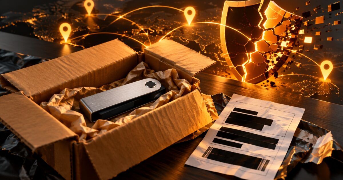 Hardware wallet package beside a redacted shipping label and fractured privacy shield