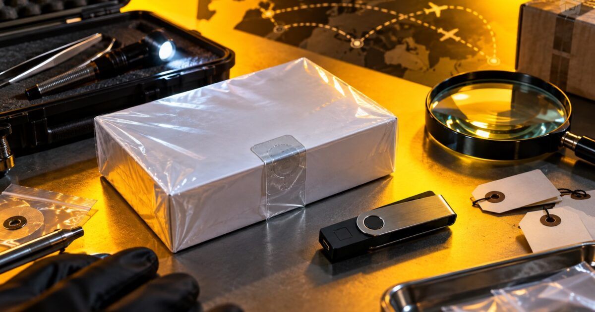 Sealed hardware-wallet package and security key under forensic inspection