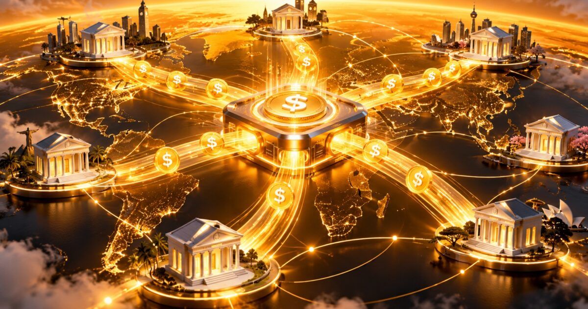 Illustration of stablecoin liquidity flowing through a global bank payout network