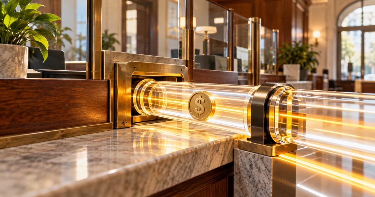 A community bank counter with a secure illuminated dollar payment rail