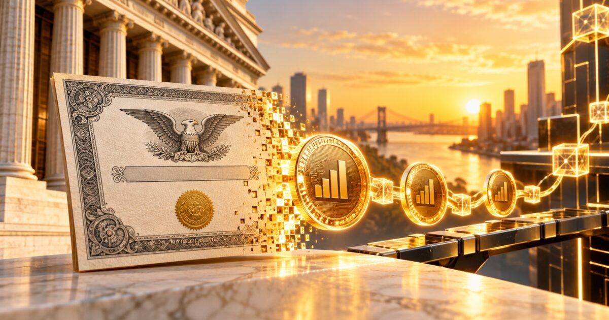 Tokenized equity tokens crossing from traditional exchange architecture to blockchain settlement rails
