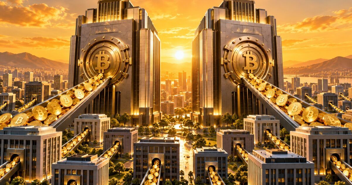 Two dominant Bitcoin treasury vaults rising above a field of smaller corporate holders
