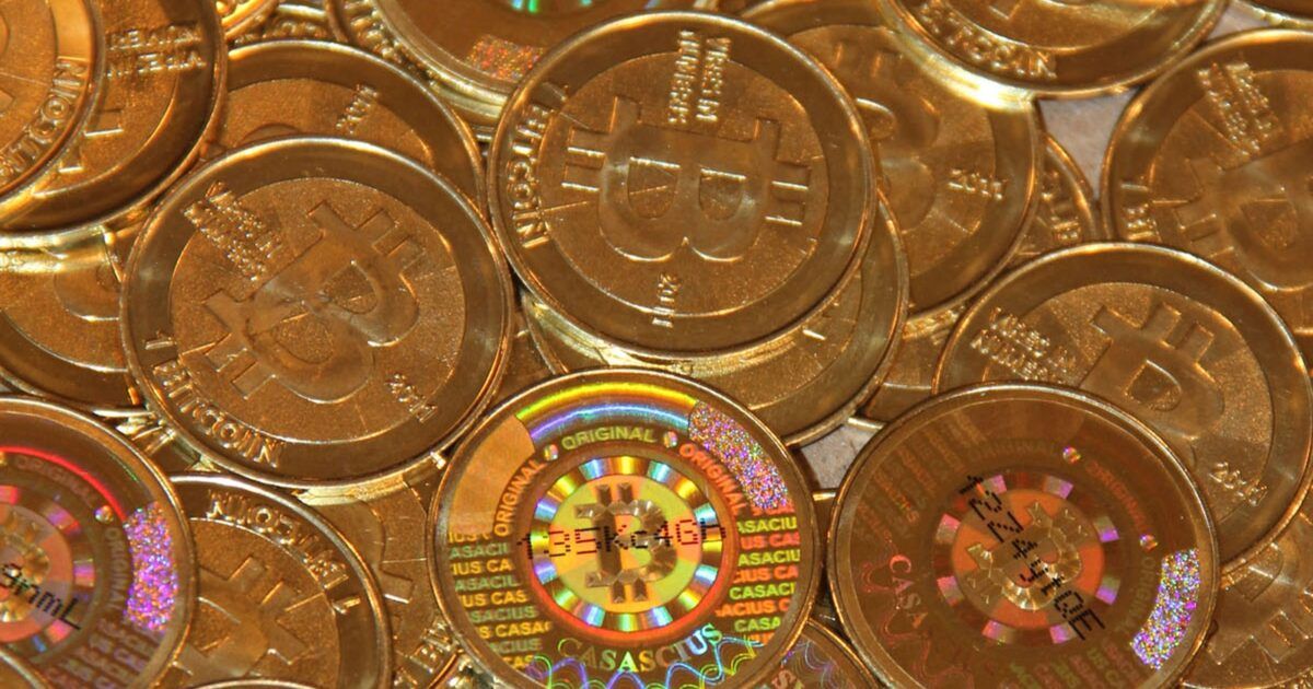 Public-domain photograph of physical Bitcoin coins