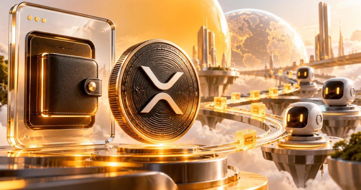 XRP coin beside an embedded digital wallet and automated payment rails