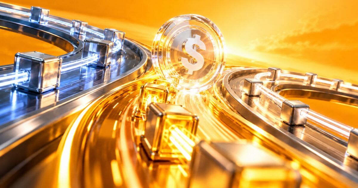 A dollar-backed token moving through three illuminated exchange and custody rails