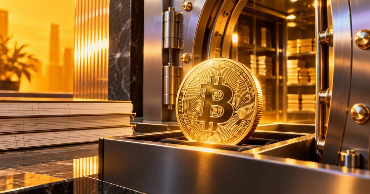 A Bitcoin coin secured inside a bright institutional treasury vault