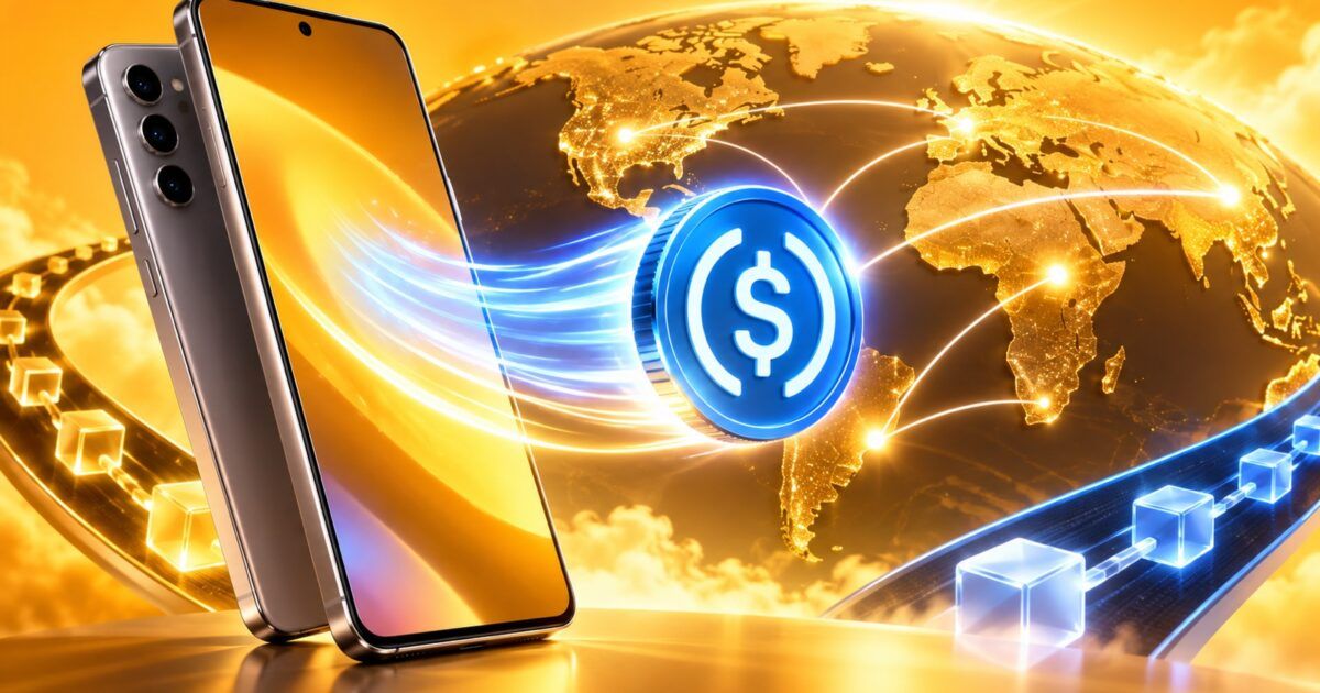 Smartphone sending a digital dollar across a glowing global payment network