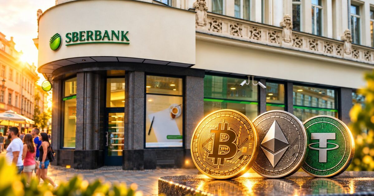 Sberbank branch with Bitcoin, Ether and USDT coins