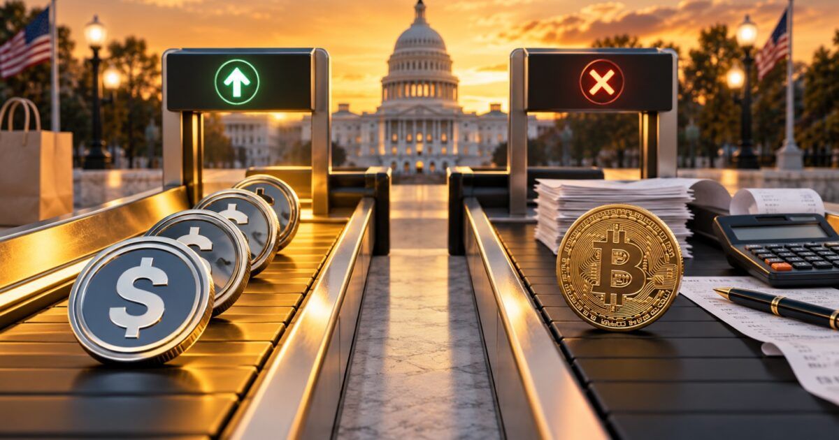 Stablecoin and Bitcoin payment lanes outside the U.S. Capitol illustrate proposed tax treatment differences
