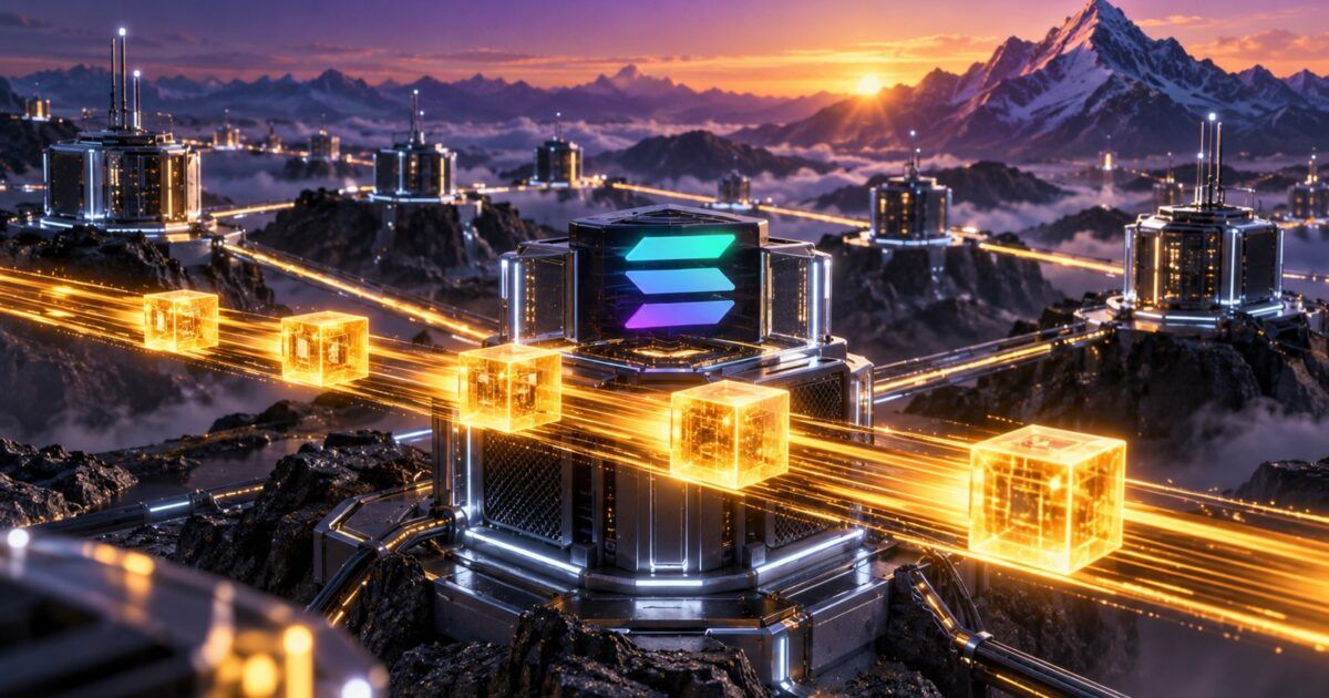 Five illuminated block pulses crossing a high-speed validator network at sunrise
