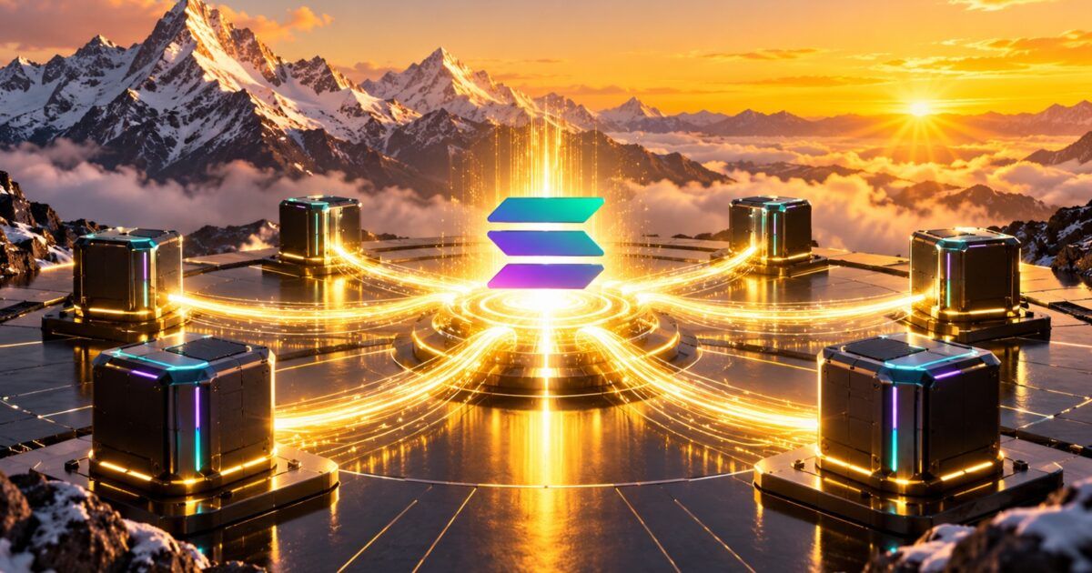 Solana validator nodes converging through a bright Alpenglow consensus pulse