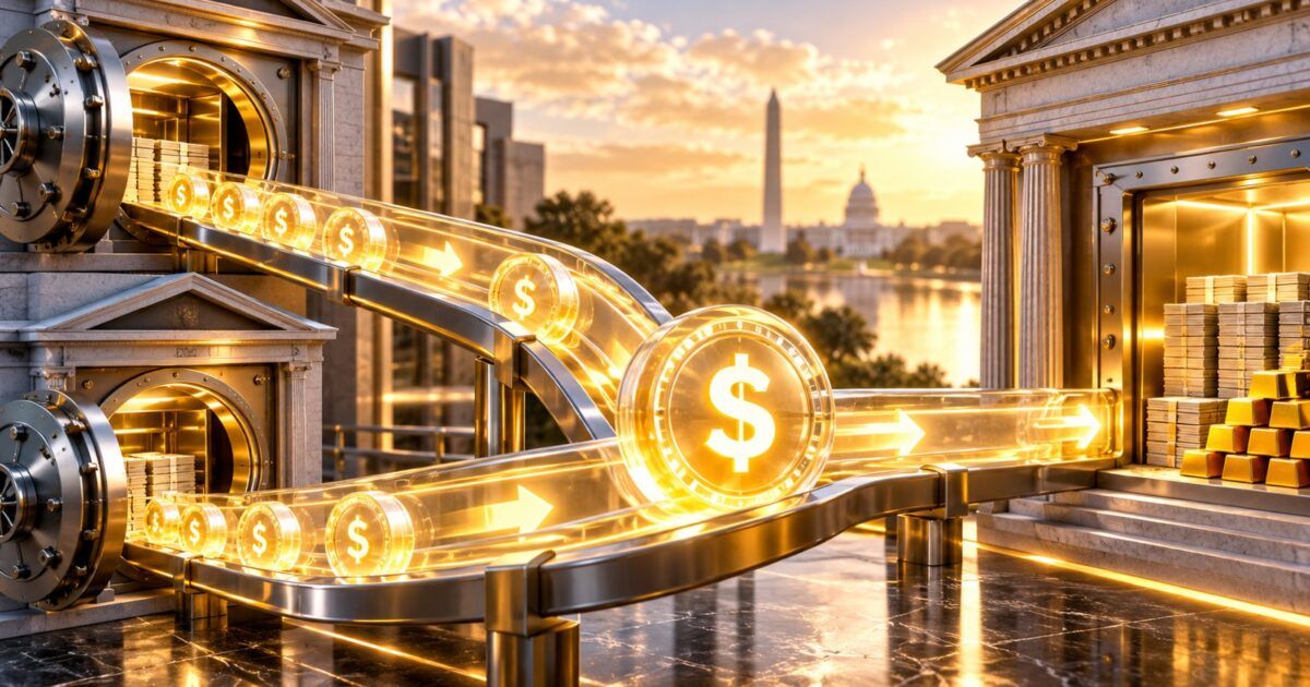 PCN-branded illustration of stablecoin reserve dollars moving between separate bank funding channels