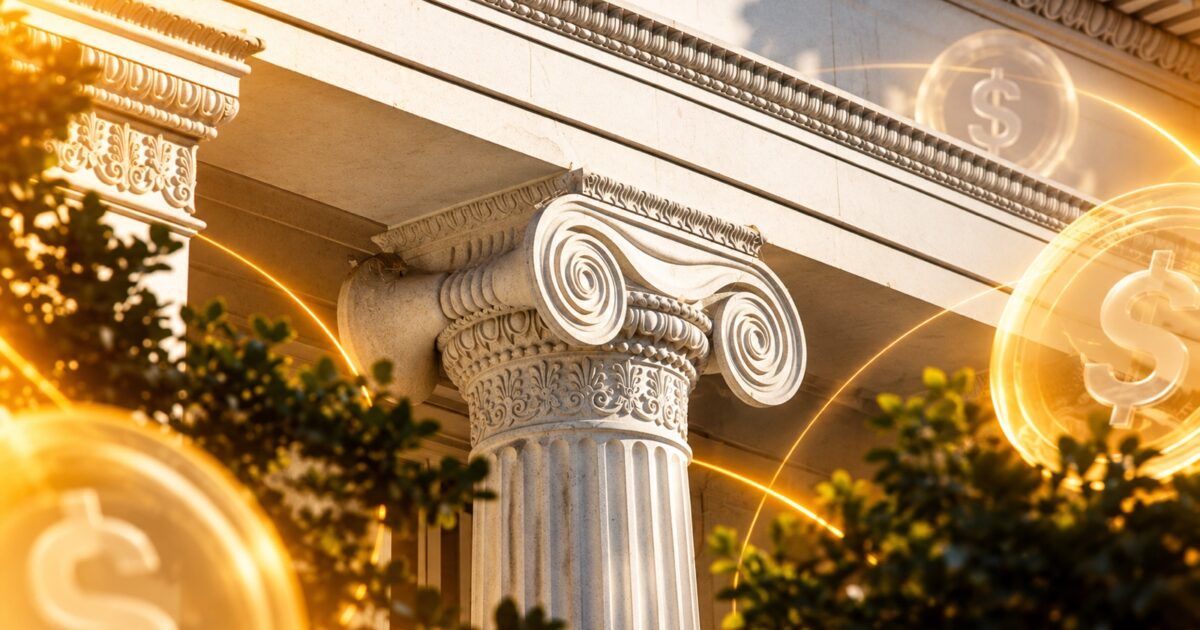 U.S. Treasury Building with a bright digital-dollar visual treatment
