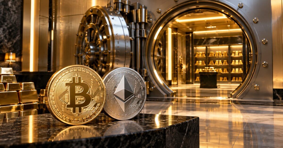 Bitcoin and Ether symbols in a modern bank vault