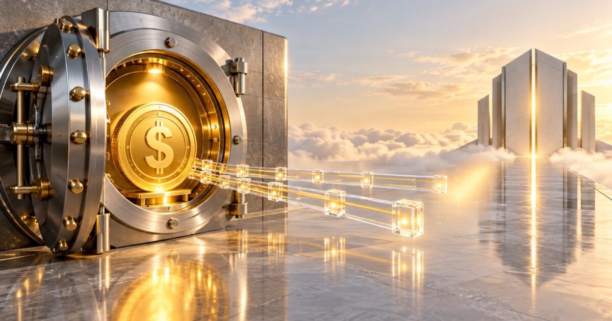 Institutional vault holding a dollar stablecoin with ledger rails toward a separate gateway