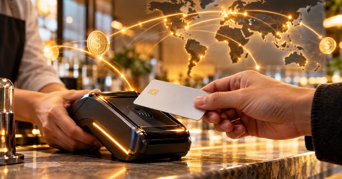 Contactless card payment connected to global stablecoin settlement rails