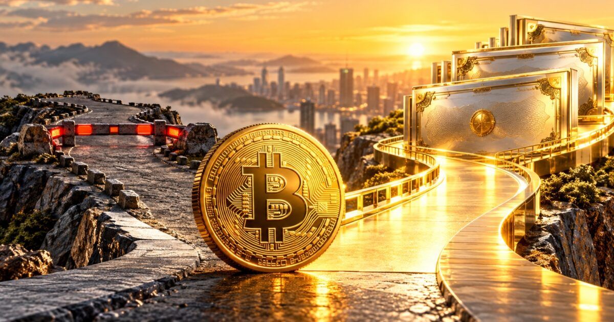 A physical Bitcoin at a fork between a stopped road and a bright capital-allocation path