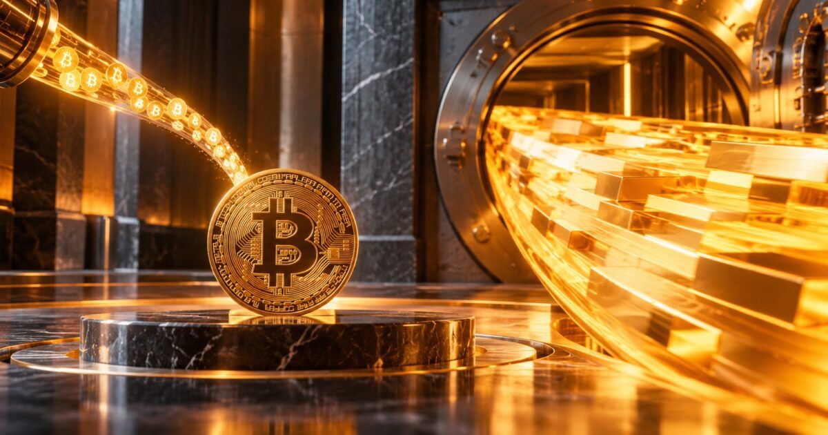 Bitcoin in an institutional treasury scene with a larger stream of capital moving through a vault