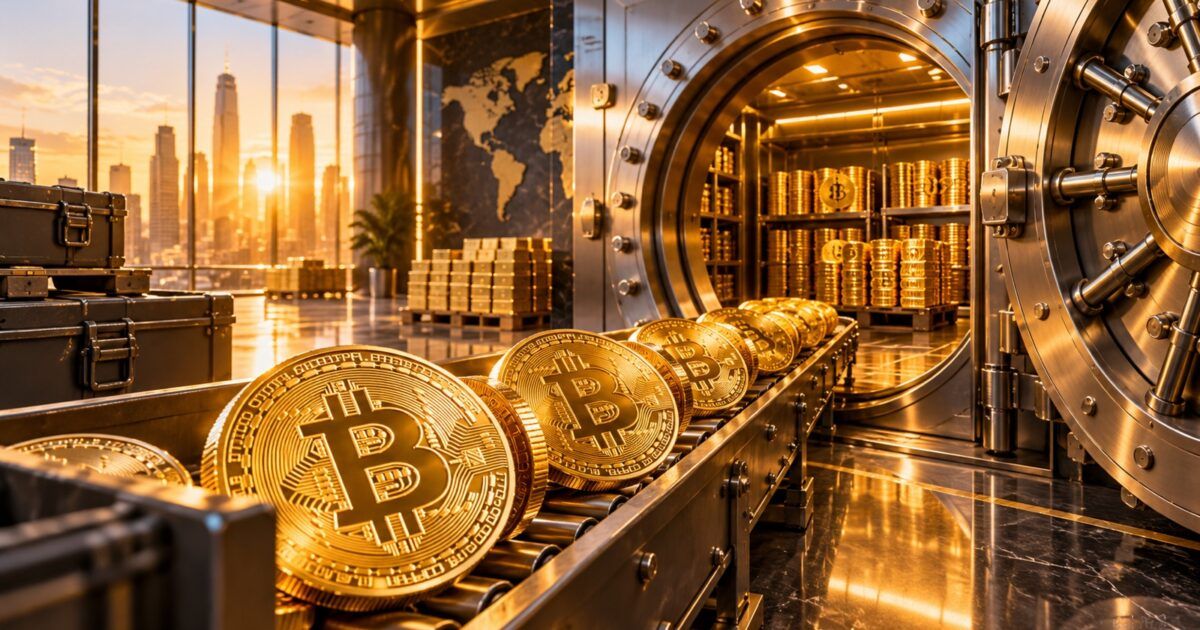 Bitcoin coins moving into an institutional treasury vault