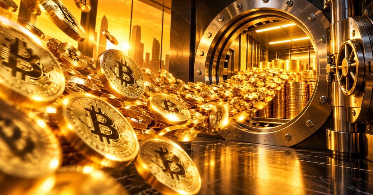 Bitcoin coins flowing into an institutional treasury vault