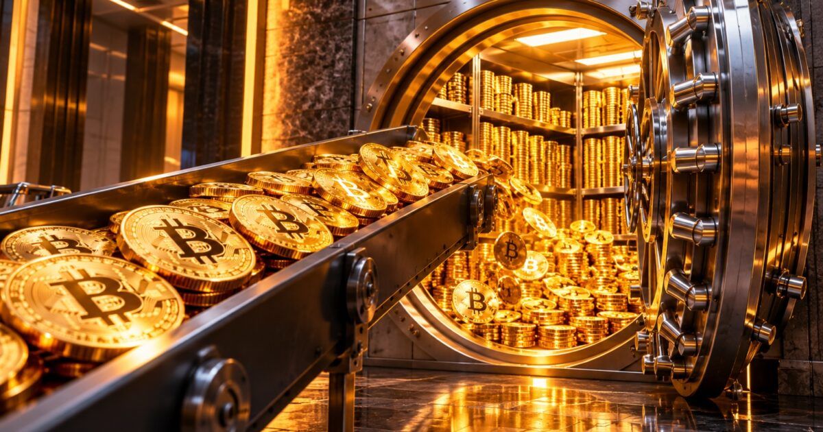 Gold Bitcoin coins moving into a secure institutional treasury vault