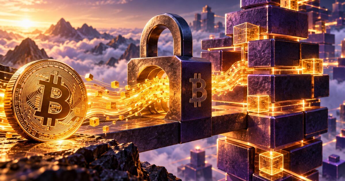 Bitcoin liquidity passing through a secure lock into rising digital blocks