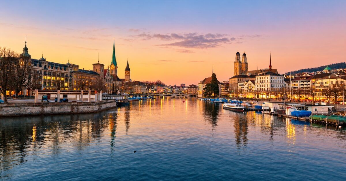 Zurich skyline at dusk representing Switzerland opening a direct Bitcoin ETF to retail investors