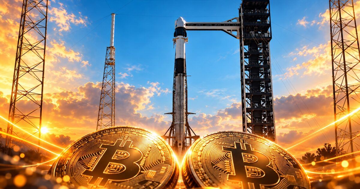 SpaceX Falcon 9 with two Bitcoin coins representing Tesla and SpaceX treasury holdings