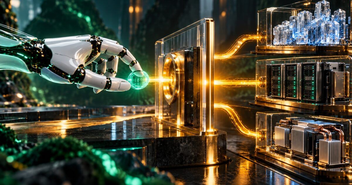 AI agent connecting to data and computing resources through a glowing payment rail