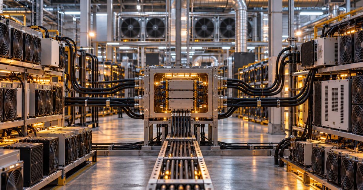 Industrial Bitcoin mining equipment connected through a shared modular control layer