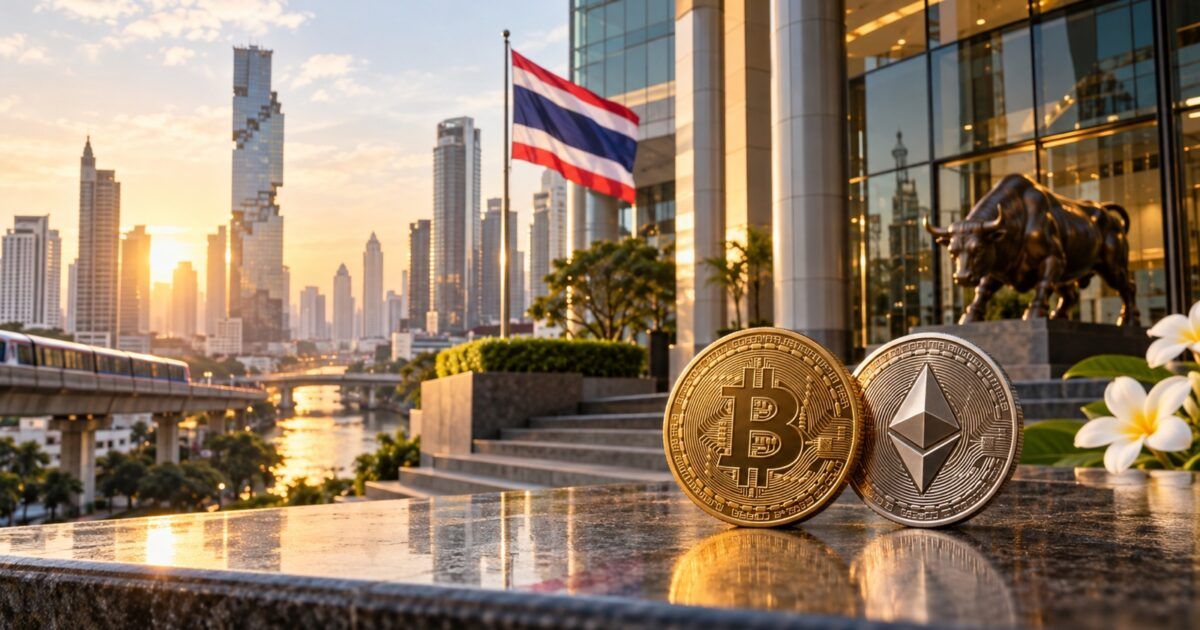 Bitcoin and Ether coins outside a Bangkok financial exchange with the Thai flag