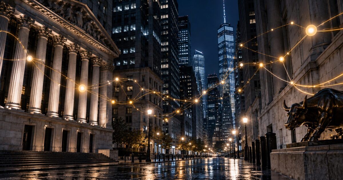 Wall Street at night with a glowing yellow-orange network linking the financial district