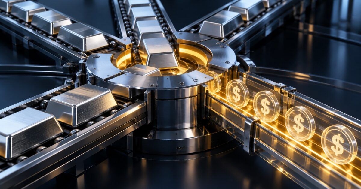 Treasury collateral moving through a central clearing mechanism into digital-dollar liquidity