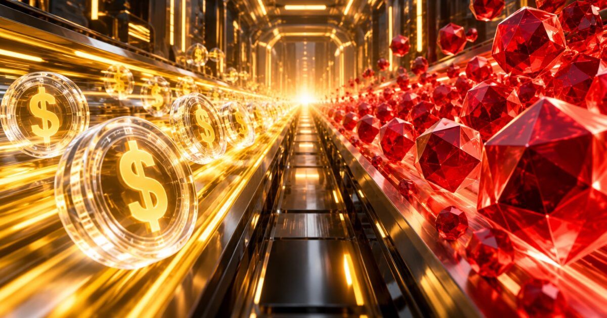 Stablecoin settlement stream contrasted with expanding native-token supply