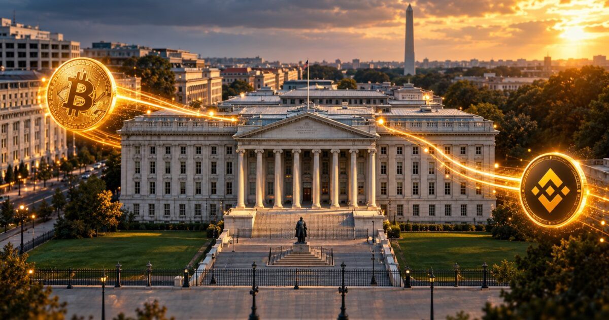 U.S. Treasury Building with Bitcoin and BNB transfer trails
