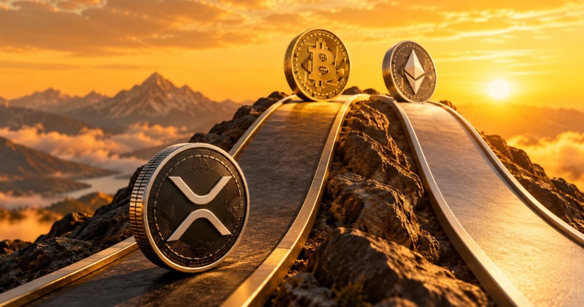 XRP coin below Bitcoin and Ether on three uphill lanes