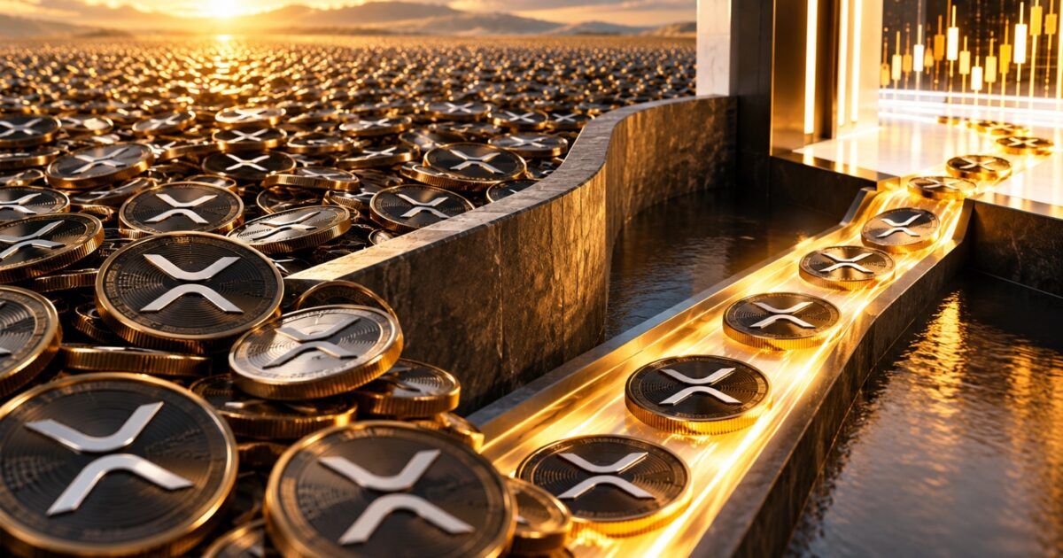 A deep field of XRP tokens narrowing into an illuminated market liquidity channel