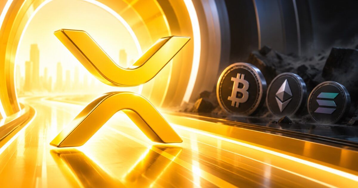 XRP symbol advancing as Bitcoin Ether and Solana symbols recede