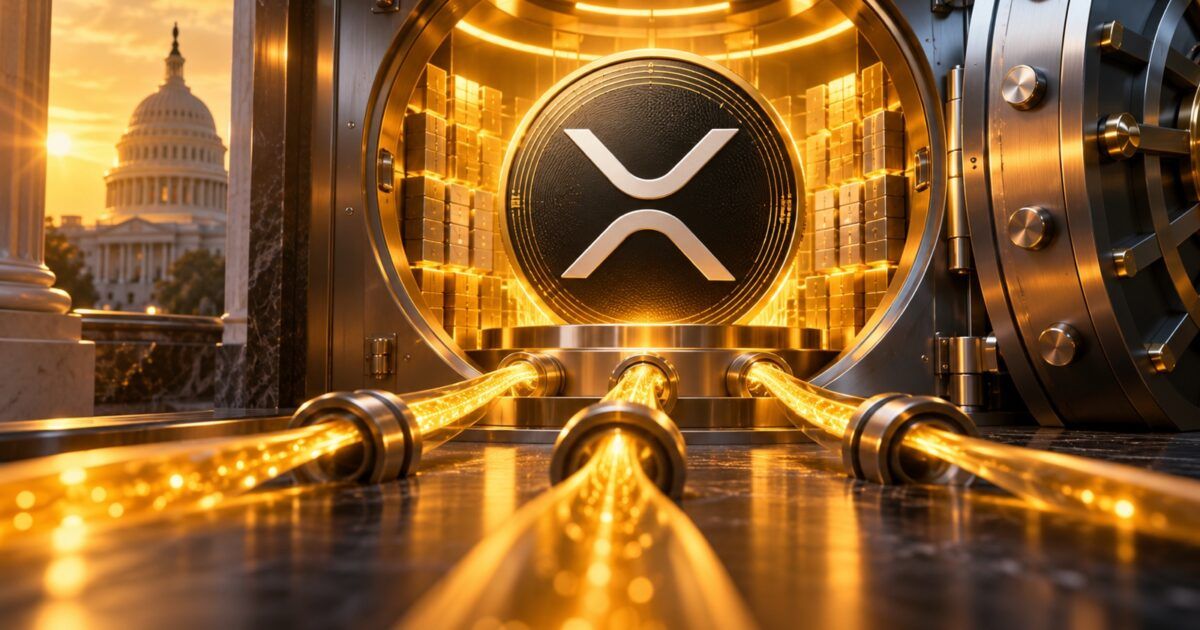 XRP symbol inside an institutional vault with narrowing gold capital streams