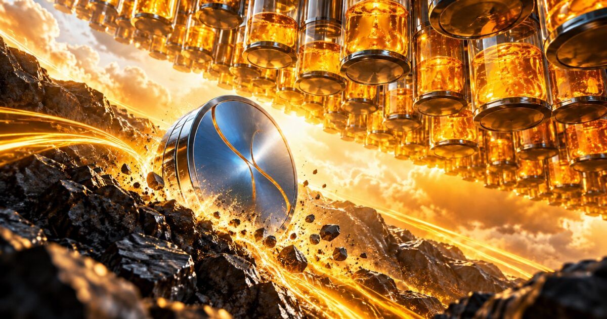 Silver-blue digital asset form climbing beneath an orange liquidity barrier