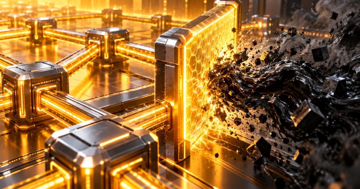 A bright yellow ledger network barrier stops a dark overflow stream