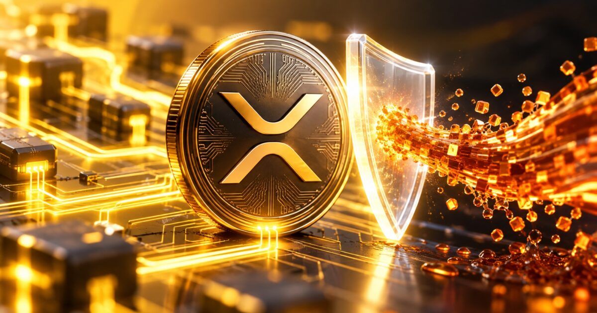 XRP coin protected by a shield against a glowing overflow stream